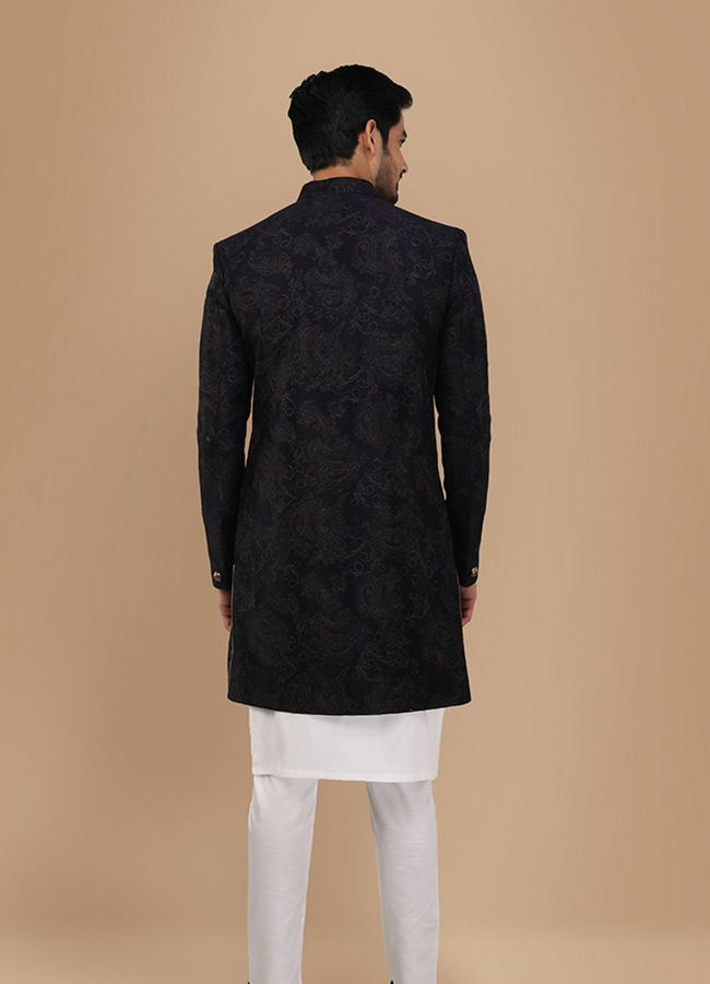 alt message - Manyavar Men Dark Blue Layered Angrakha Indo Western image number 2